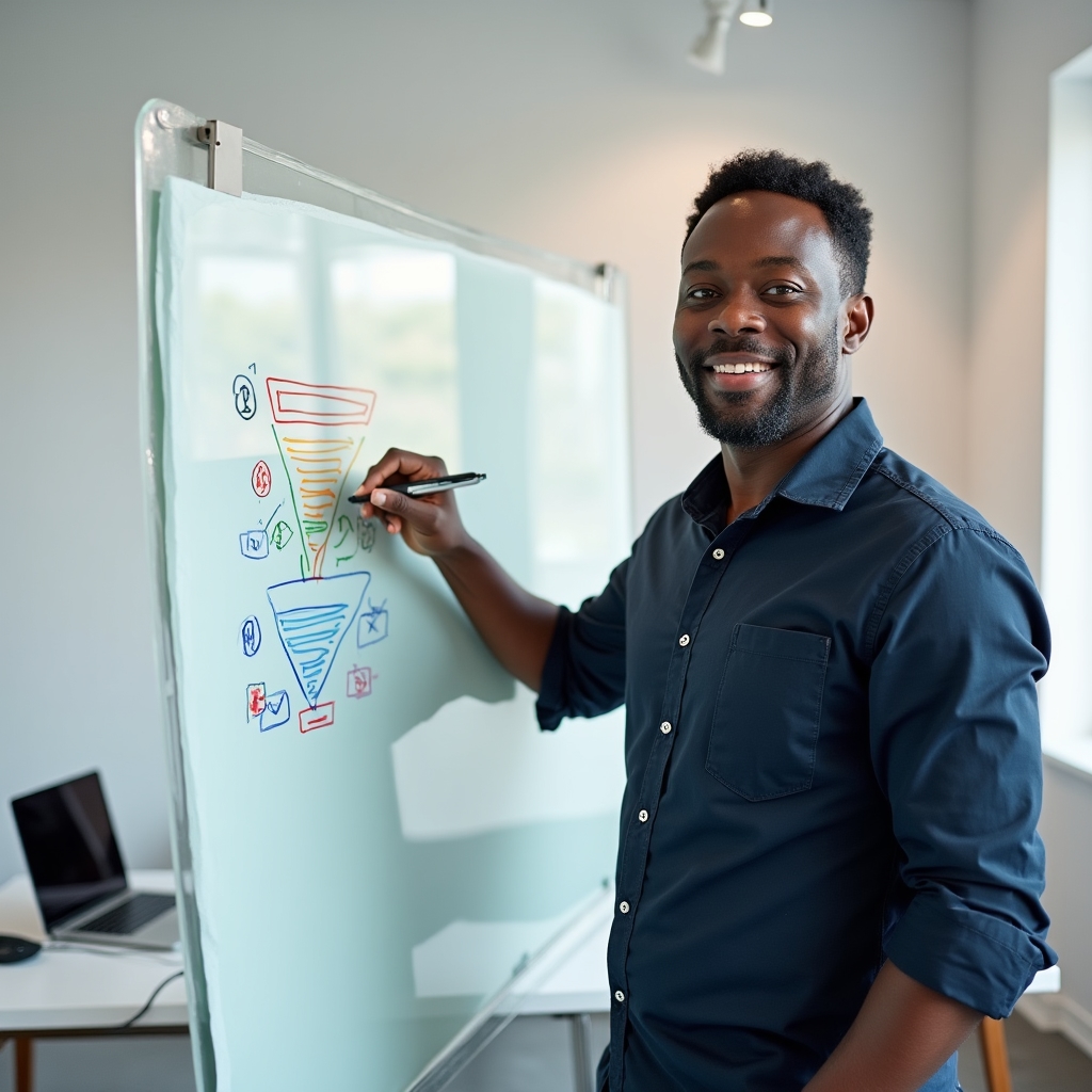 Antreprenor planificând strategia de marketing digital pe un whiteboard